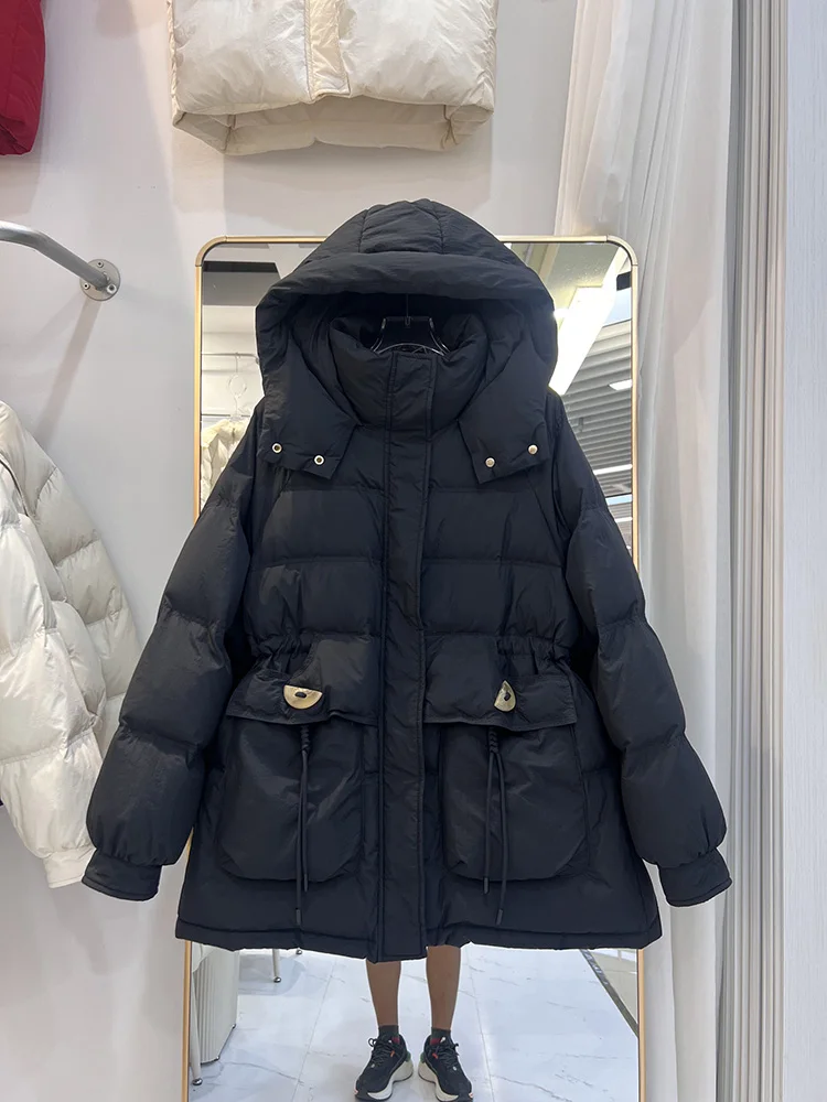 

Women's 2025 Winter New Fashion Hoodie Large Pocket Half Grain Buckle Drawstring Design Sense White Duck Down Coat