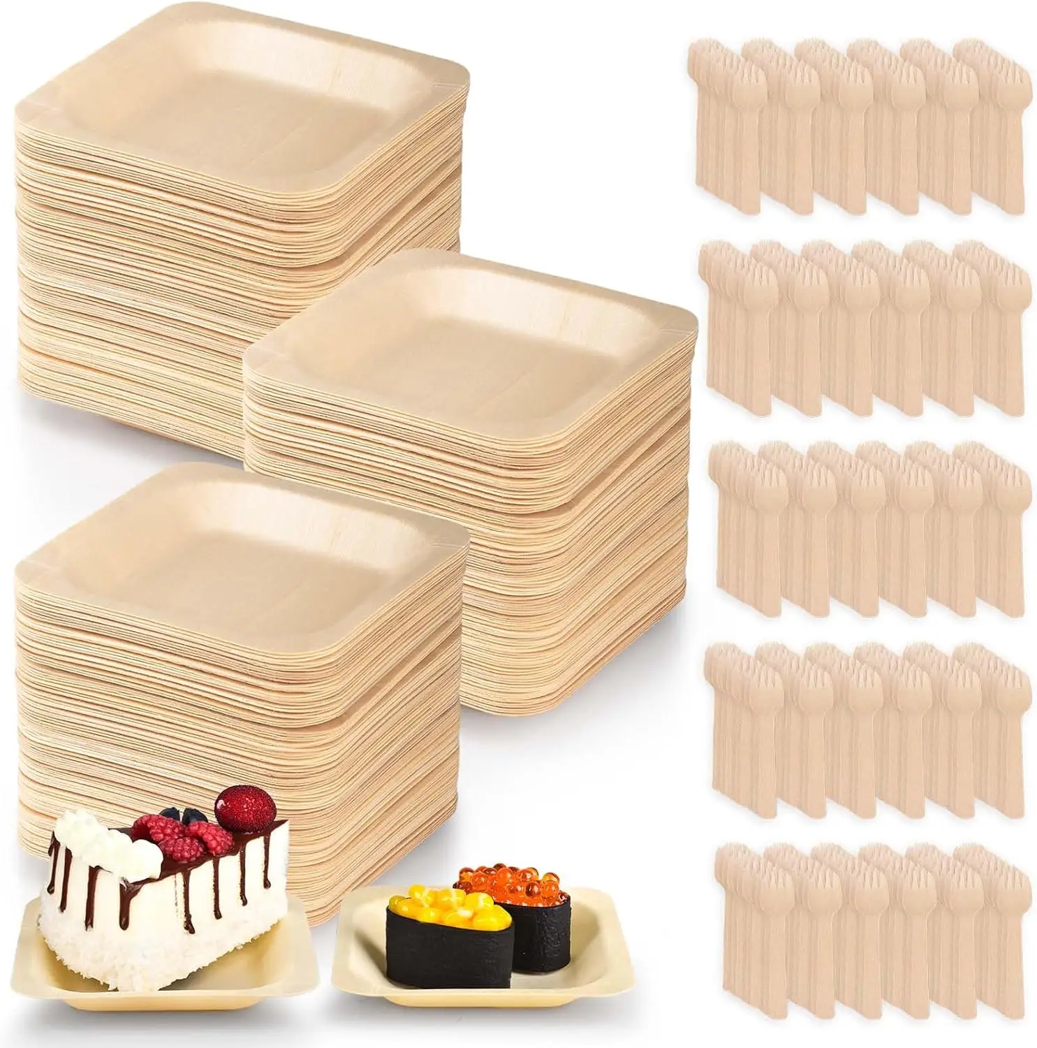 

300 Pcs Disposable Square Wood Bowls Palm Leaf Bowls With Bamboo Forks, Bamboo Plates Disposable Square Wood Plates With Wooden