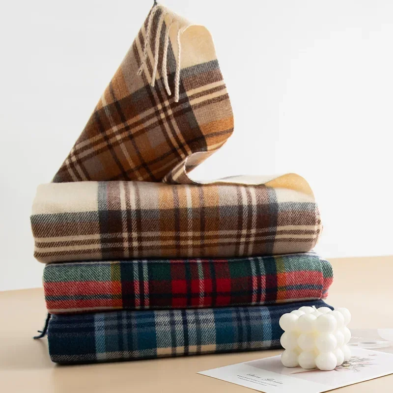 New Plaid Scarf with A Sense of Luxury Fashion Simplicity Shawl Plush Imitation Cashmere Warm Thickened Fleece Gift Soft