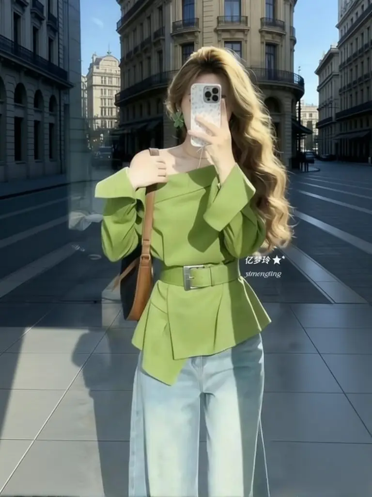 

Luxury Elegant Woman One Shoulder Long Sleeve Shirt Women Slash Neck Belted Off Shoulder Blouse Office Irregular Designer Top