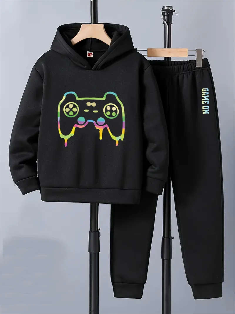 Set con cappuccio stampato "Game On" per ragazzi, set con cappuccio e pantaloni, abbigliamento casual primaverile per bambini, come regalo