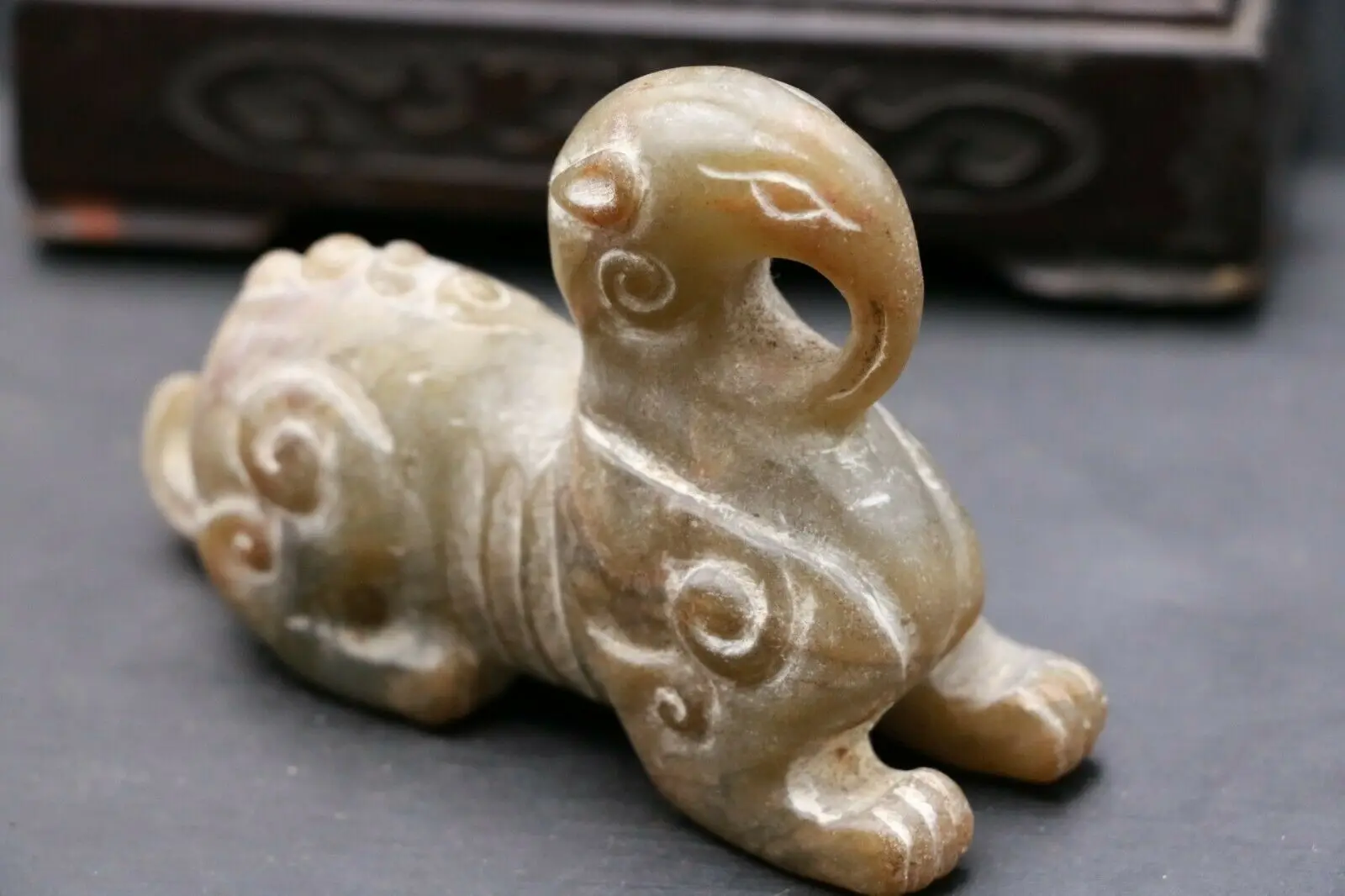 

Chinese Vintage Sinkiang Hetian Jade Lucky Beast With Eagle Head Totem Carving Timestown 20201128A