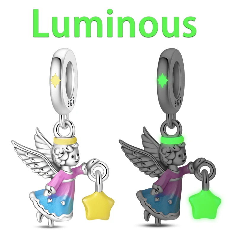 

925 Sterling Silver Luminous Angel Star Light Pendant Charms Jewellery Fit Original 925 Bracelet Necklace for Women DIY Gift