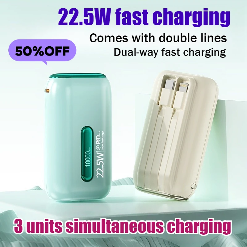 22.5W 20000mAh Compact Portable Power Bank with Built-in Cable PD Fast Charging Lithium Battery