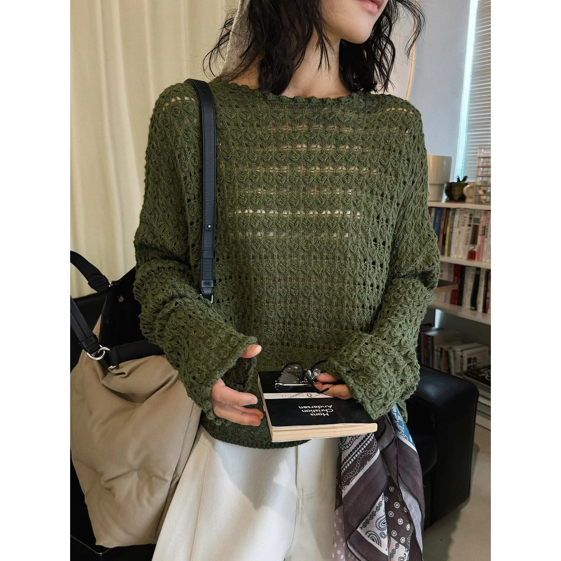 

2026 New Women Spring Sweater Hollow Out Design Knitted Loose Pullovers Clothes Tops For Women Batwing Sleeve Sweater