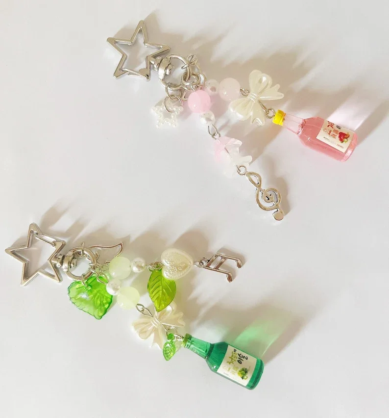 Asian Korean Soju Y2K Coquette Cottage Core Mini Keychains and Phone Charms, Green and Pink Soju Keychain