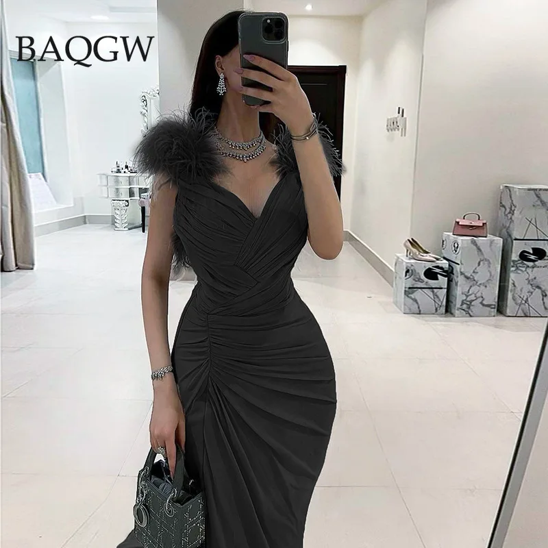 Elegante Feder Spaghetti Strap Sexy Y2K Sleeveless Backless Seite Schlitzte Bodycon Maxi Kleider für Frauen Party Abend Clubwear