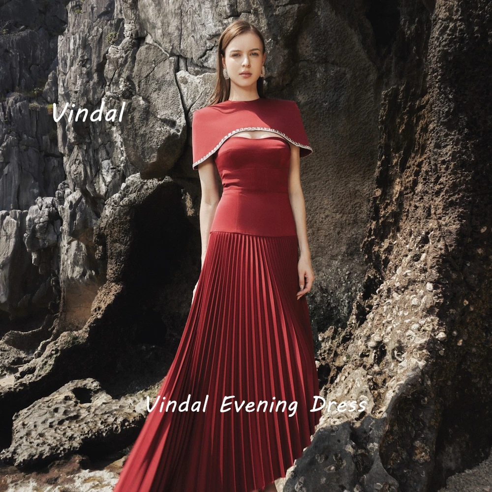 Vindal Ankle length O-Neck luxurious A-Line Sexy Ruffle Beaded Crepe Breast Padding Elegant Short Sleeves السعود For Woman 2024