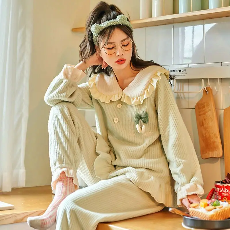 

High-end coral fleece pajamas women's autumn and winter fleece thick princess style set flannel cute super thick loungewear