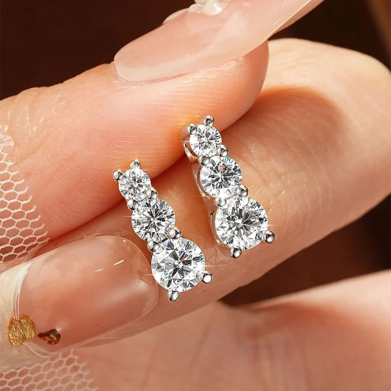 Rrjzz 3mm 4mm 5mm Drei-Stein-Ohrstecker mit Labor-Imitationsdiamanten, D-Farbe Moissanit-Ohrstecker für Damen, Hochzeitsschmuck, Geschenke – Detail 9