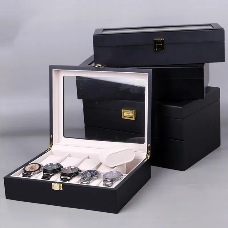 12/10/6 Slots Black Wooden Watch Box Organizer Watch Gift Box Case With Glass Window New Men Watch Holder Watch Collection Boxes