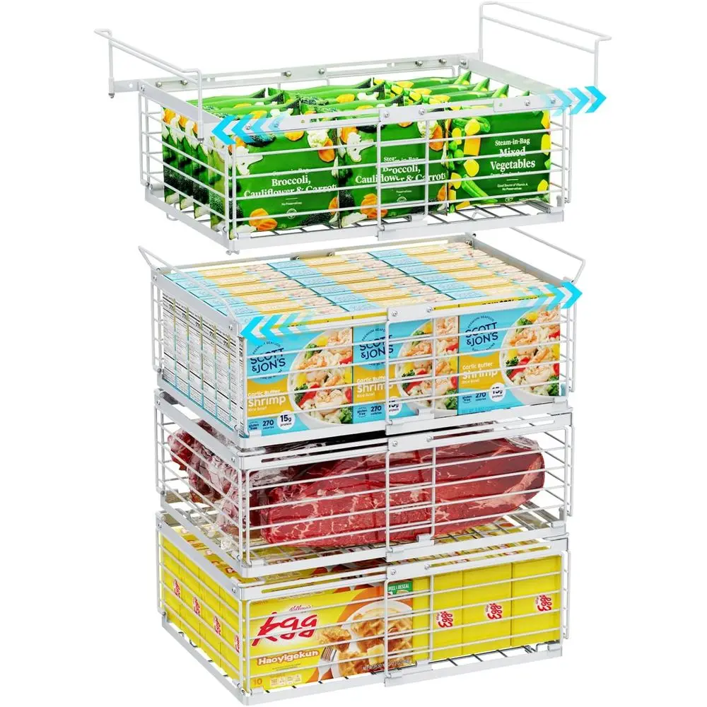 

Deep Freezer Organizer Bins, 4-Piece Stackable & Hanging Baskets, Adjustable Metal Wire Storage System, 17.5-22.6 Width, Freezer