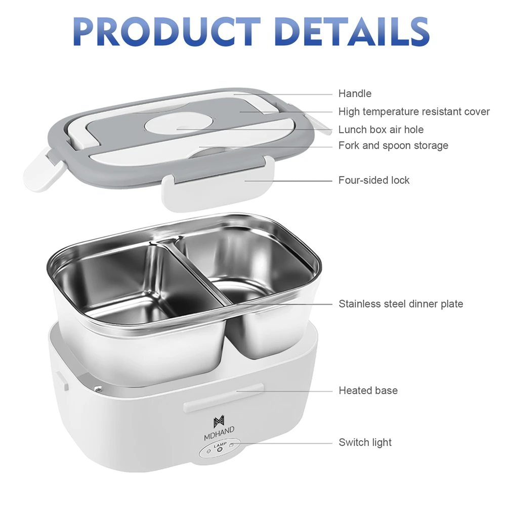 Portable Electric Heated Lunch Box 65W Stainless Steel Detachable 1.5L Heating Bowl Car/Truck/Office Dining Box Microwave Oven