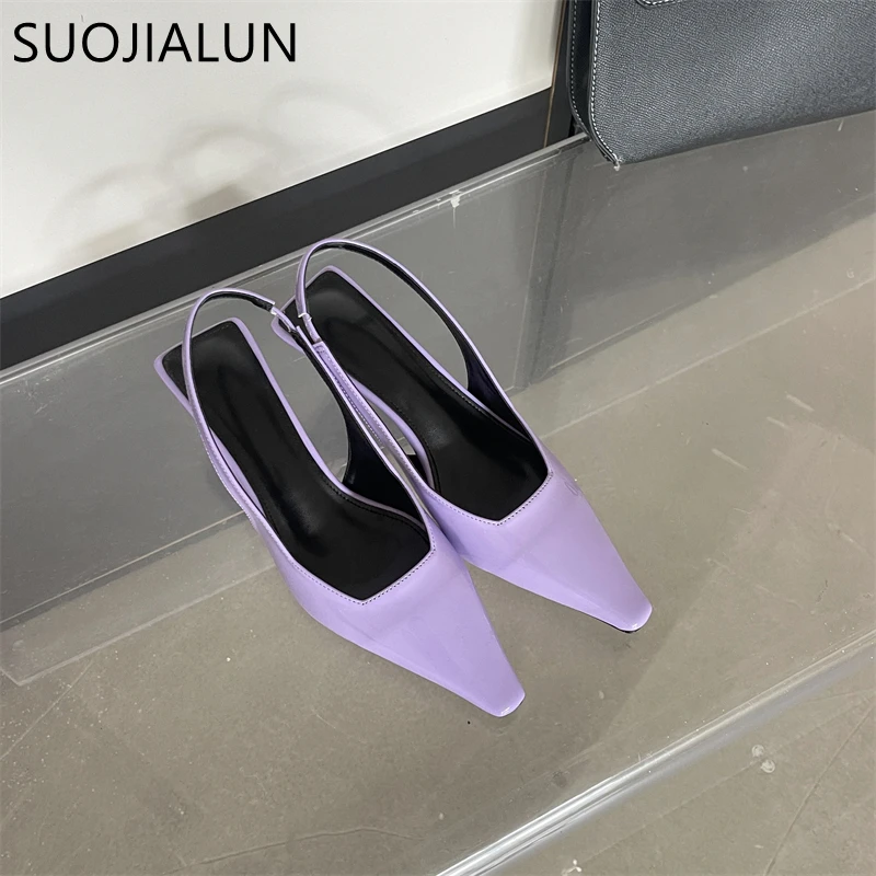 SUOJIALUN 2024 Spring New Women Sandal Shoes Fashion Candy Color Ladies Elegant Slingback Sandals Med Heel Dress Pumps Shoes