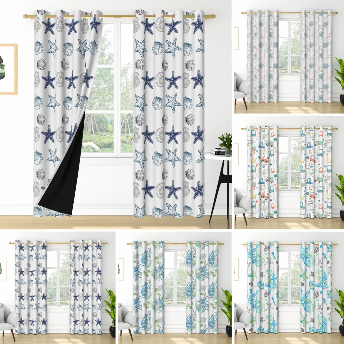 ocean-theme-blackout-curtains-for-kids-room-starfish-seashells-seaweed-print-black-lining-interior-curtains-for-for-living-room