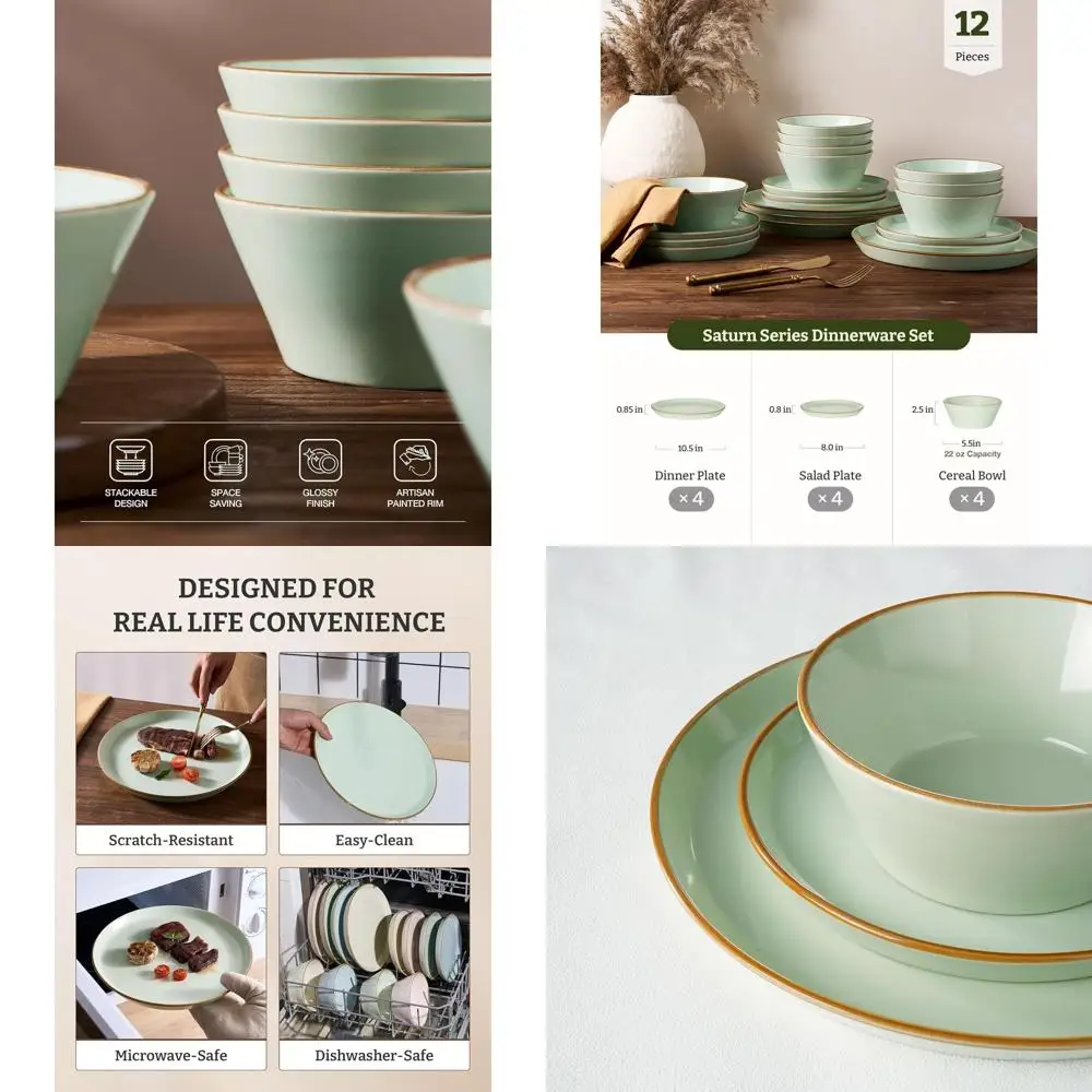 

Stoneware Dinnerware Set for 4, 12-Piece Plate and Bowl Set - Durable, Light Green with Rim, Microwave & Dishwasher Safe