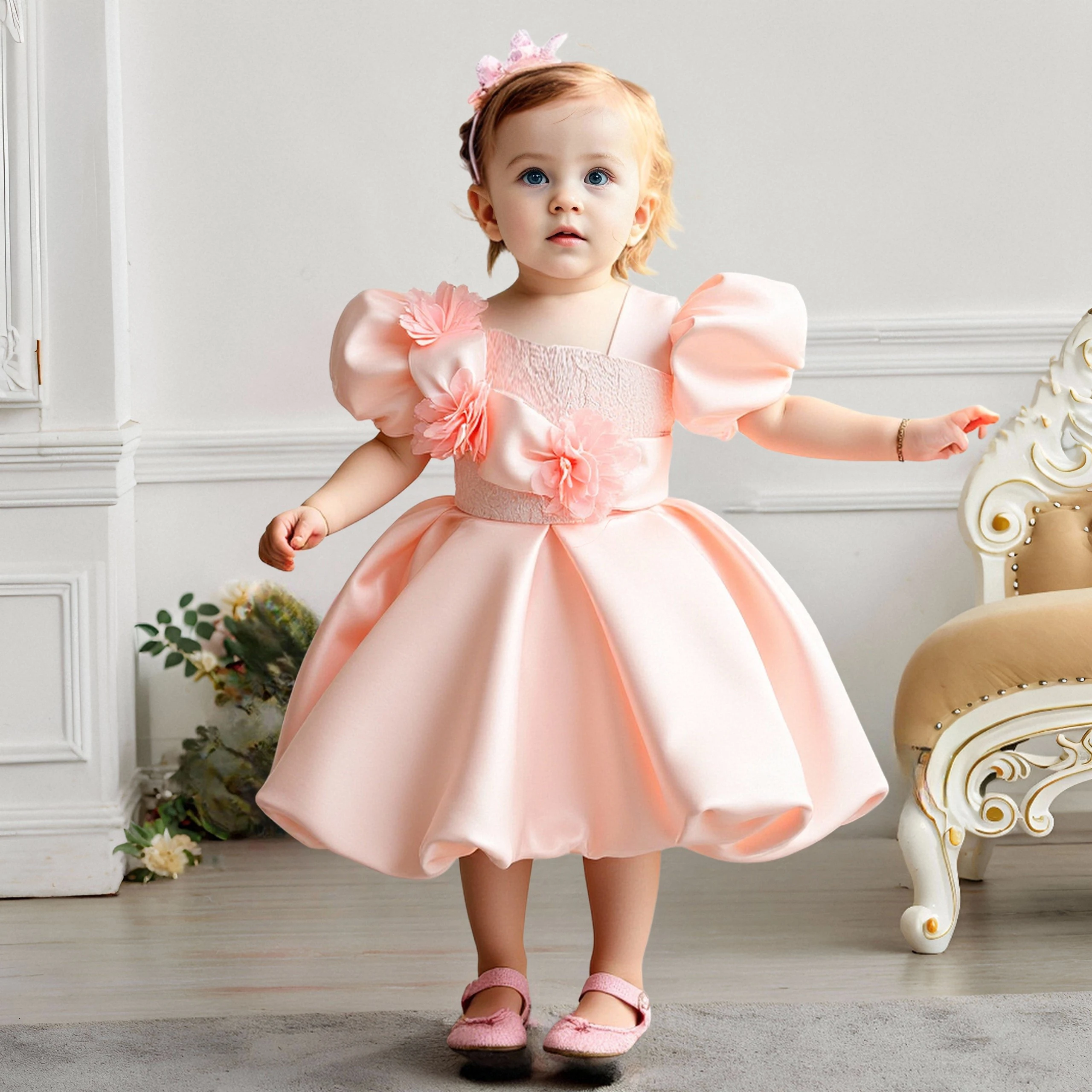 

Toddler Flower Party Baby Girls Dress Elegant 1st Birthday Baptism Princess Dresses Baby Puff Sleeve Bridesmaids Wedding Costume