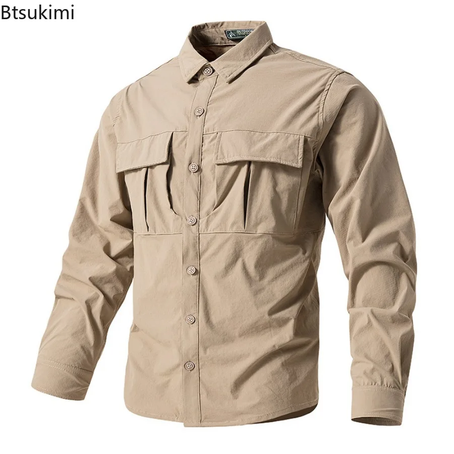 2025Men's Spring Long Sleeve Outdoor Shirts Solid Quick Drying Sports Clothing for Men Wear Tactical Combat Camping Cargo Shirts