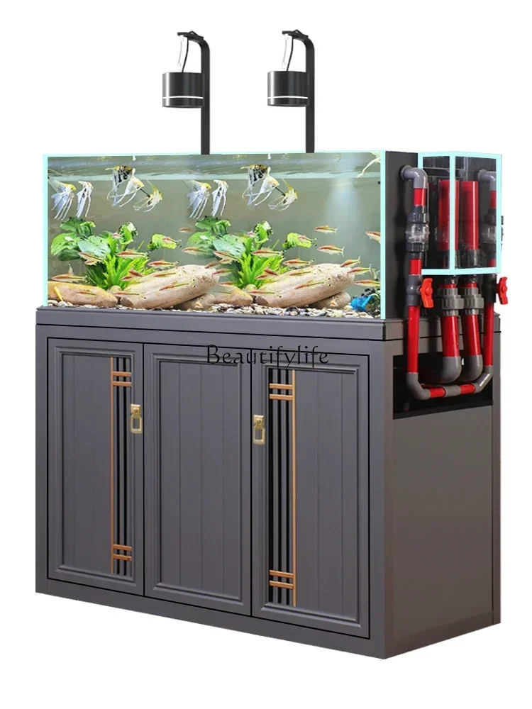 

LD33Industrial Style Fish Tank Living Room Large Bottom Filter Super White Bag Back Side Overflow Ecological Sea Tank Aquarium