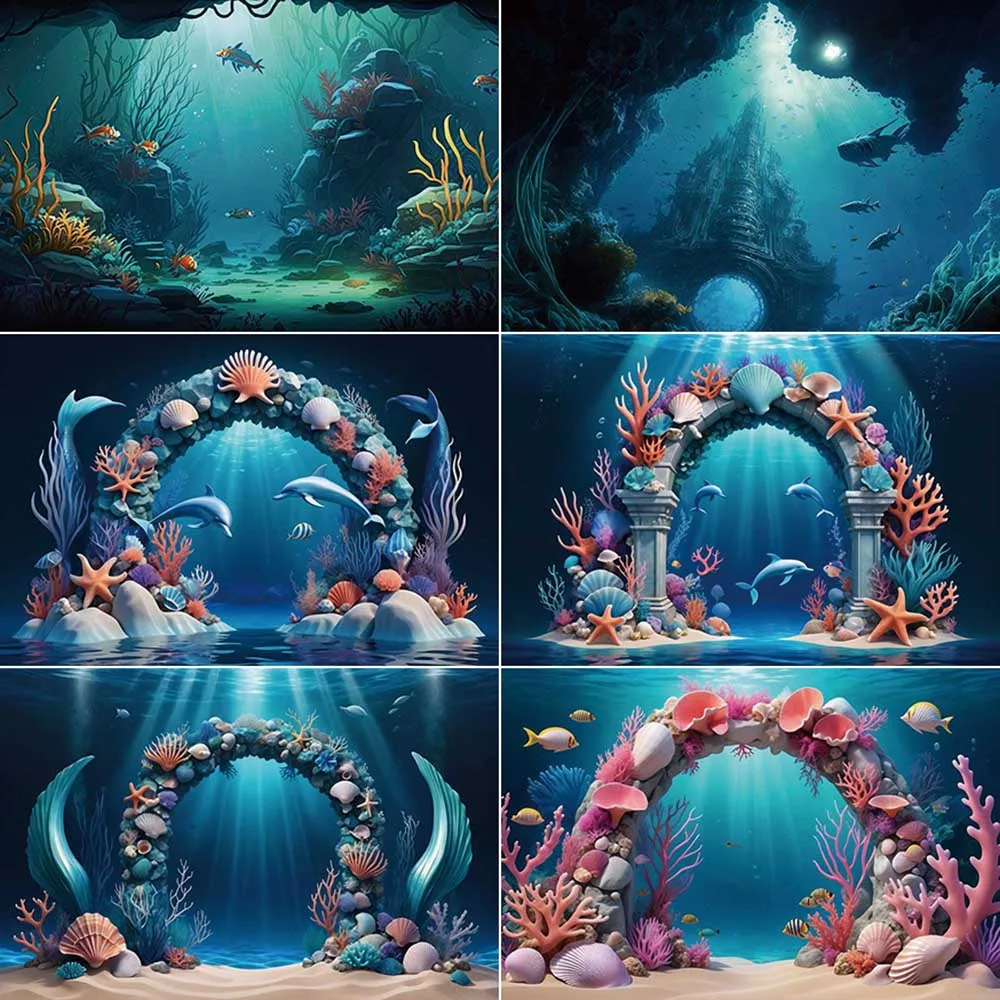 

MOON.QG Undersea Birthday Photography Backdrop Arch Palace Chair Blue Sea Photozone Background Children Studio Photocall Props