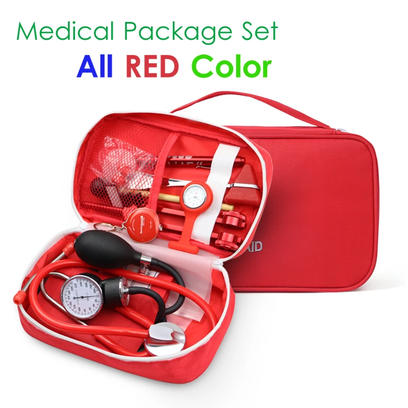 

Red Health Monitor Storage Accessory Package Set with Medical Doctor Stethoscope Tuning Fork Reflex Hammer LED Penlight Tool Kit