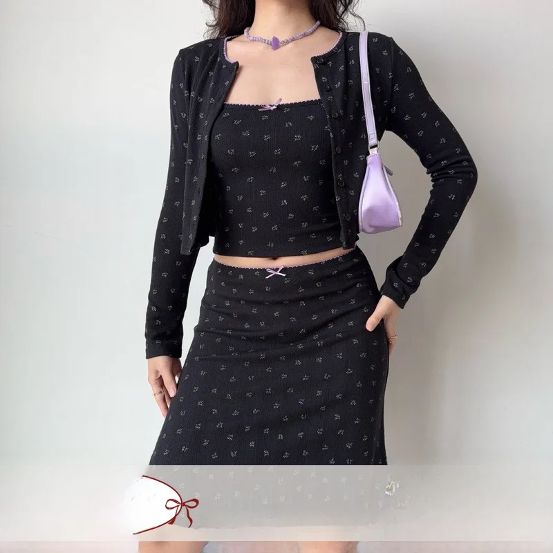 Go Girl Go American Retro Floral Print Halter Cardigan Skirt Set Women Sexy Three-Piece Suit Short Sleeve Long Sleeve Bu...