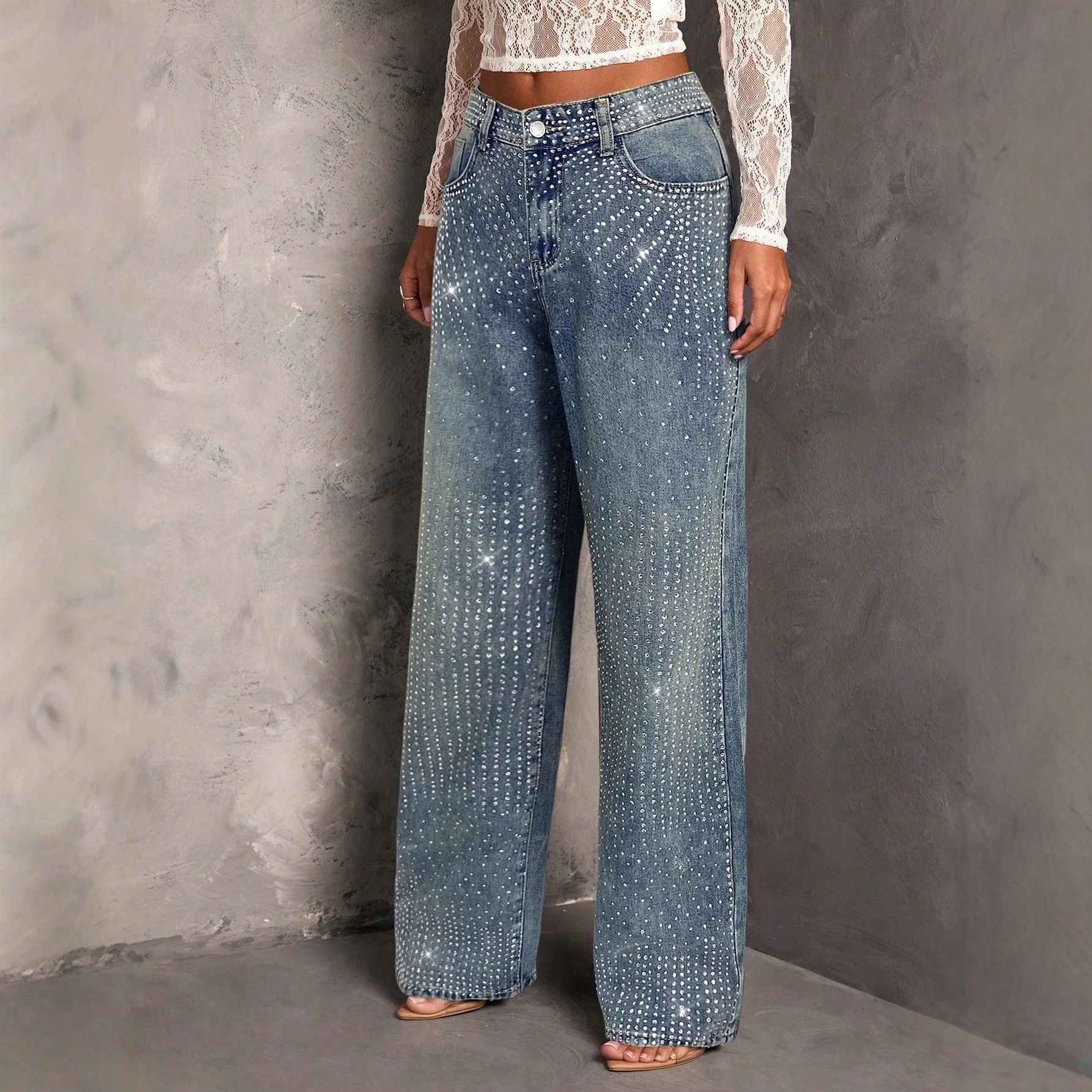 

2026 Summer New Women's Rhinestone Decoration Straight Blue Jeans Loose Wide-leg Pants