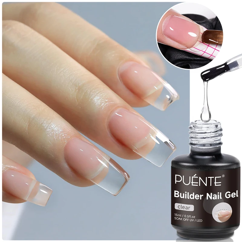 PUENTE 15ML Clear Builder Nail Gel With Nail Form & File for Extension, Alcohol-Free Extension Nail Gel for Apex Building, Self-Leveling, Nail Reinforcement, Fills Gaps & Seals Unevenness, LED Lamp Cured, Long-Lasting, for Home Nail Salon Manicure