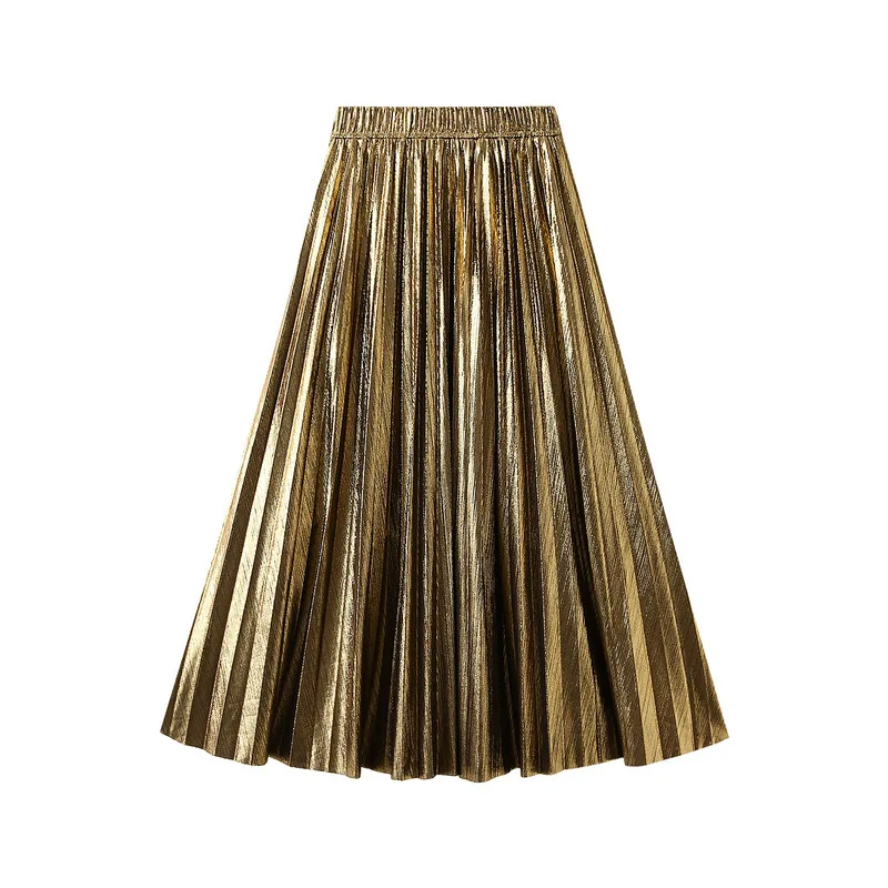Seoulish High Waist Elegant Metallic Women's Pleated Skirts 2026 New Solid Korean Casual Loose Straight Long Cake Skirts Female