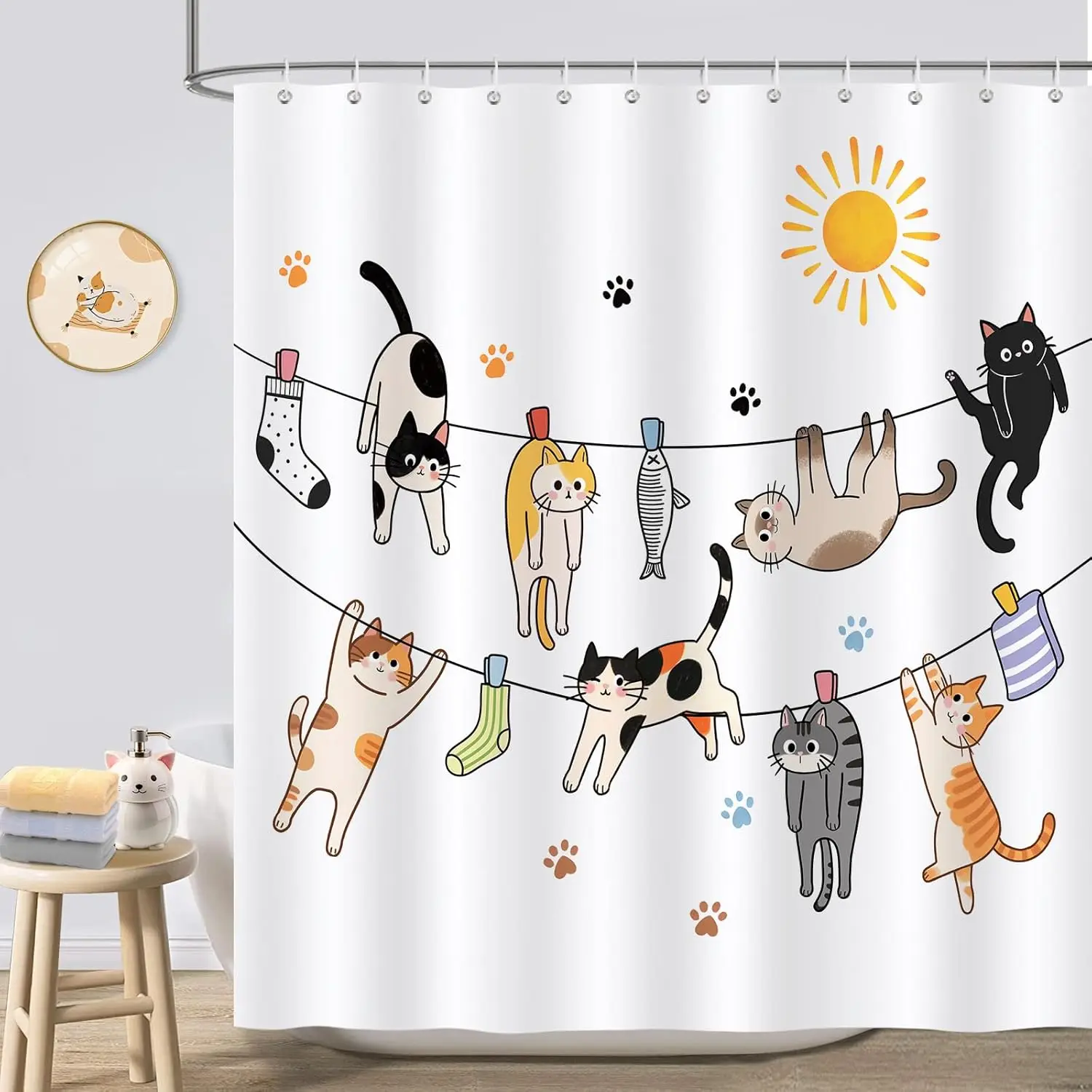 

Cute Cat Shower Curtain - Playful Kitten on Clothesline Kids Decor - Washable Fabric Curtain - Cat Lover Bathroom Accessories