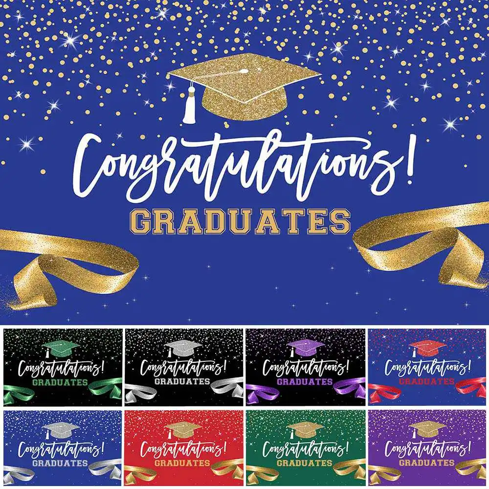 

Mocsicka Graduation Backdrop Class of 2023 Congratulations Graduates Photocall Background Bachelor Hat Glitter Dots Ribbon Decor