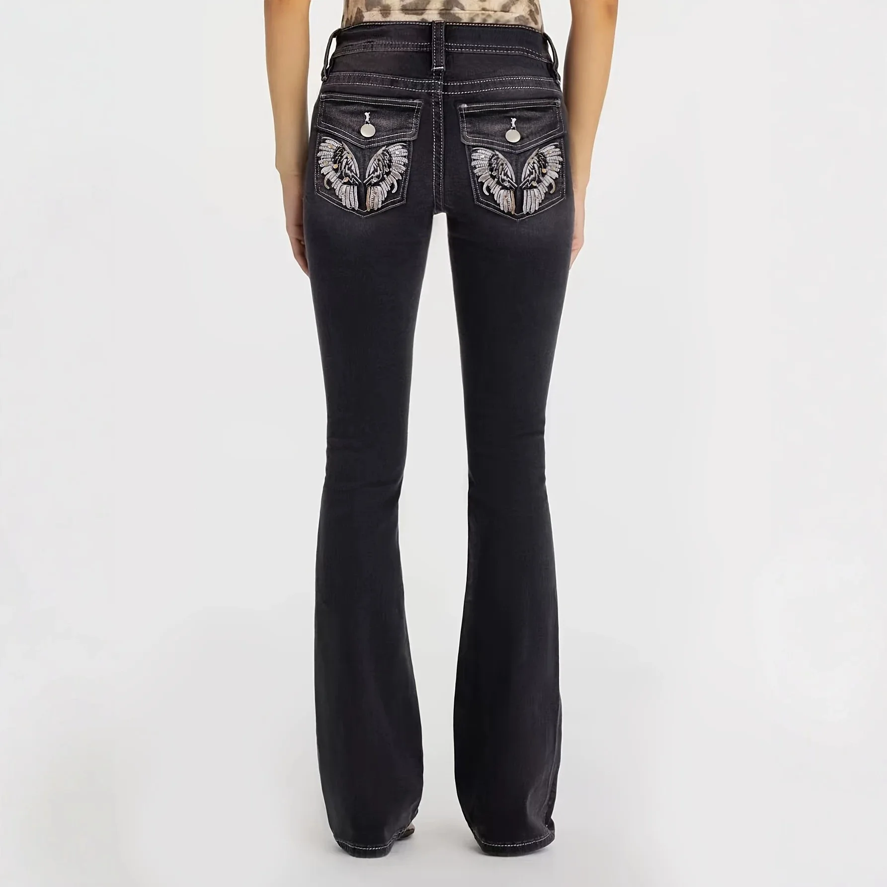 Women's Jeans Wings Embroidered Micro-pull Pants Women, Slim-fit Denim Trousers Spot Wholesale Micro-pull Jeans Women Embroidere