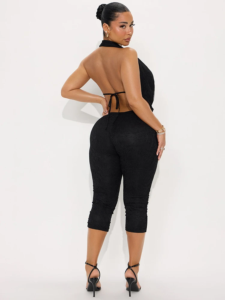 Macheda メッシュパッチワークロンパース女性ホルタースイング襟レースアップ背中の開いたミッドナイトセクシーなヒップスタークラブパーティークラシックロンパース