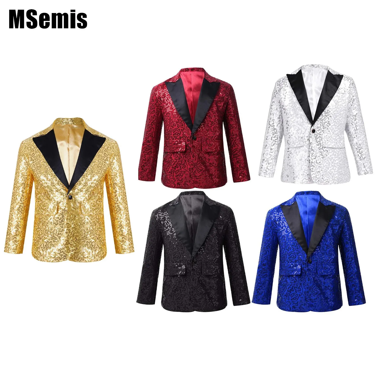 Kids Boys Sequins Blazer Tuxedo Lapel Stylish Shiny One Button Suit Jacket Coat for Wedding Banquet Party