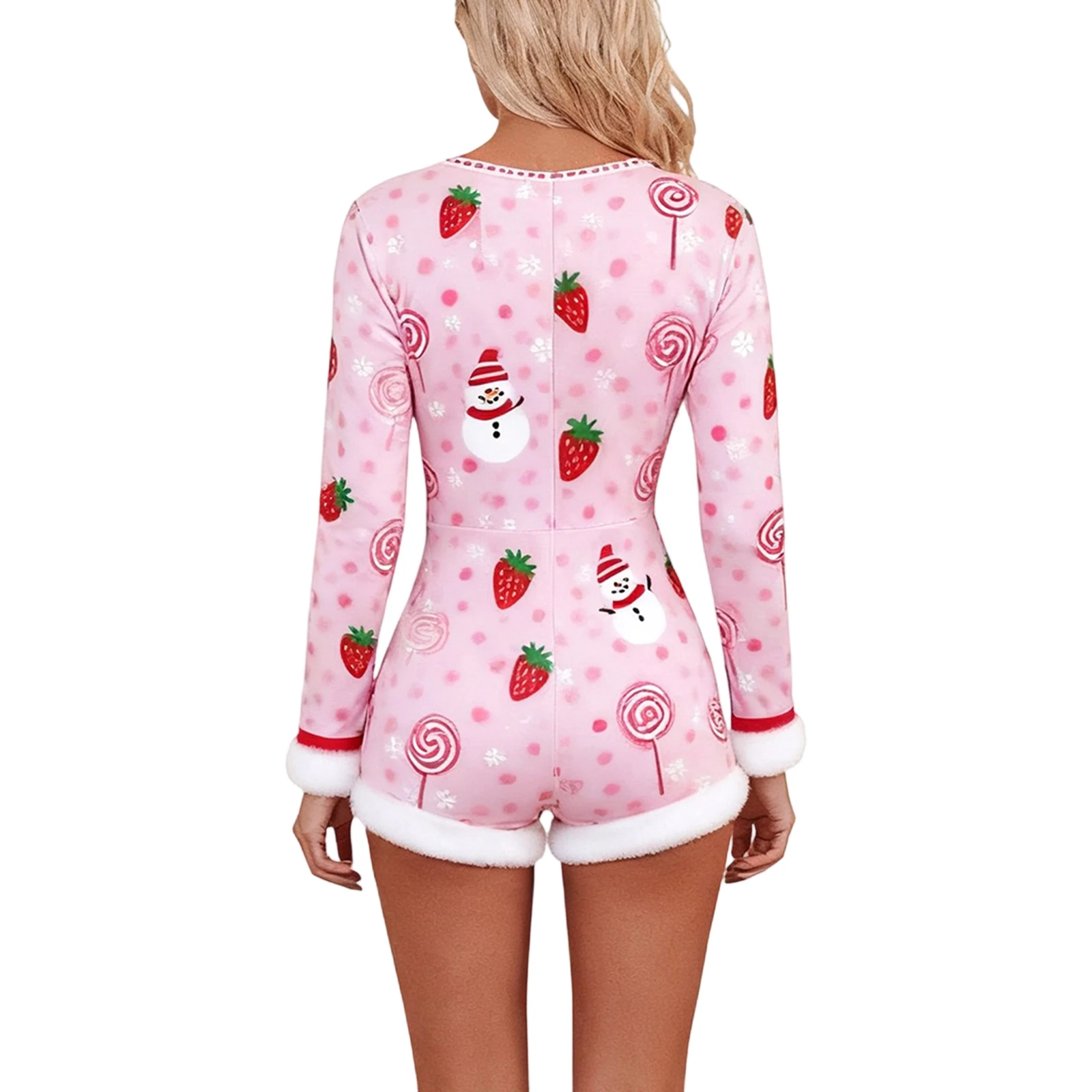 Damski świąteczny kombinezon piżamowy z uroczym nadrukiem kreskówkowym, długi rękaw, puszysty futrzany wykończenie mankietów, kombinezon z krótkimi nogawkami, odzież do spania, onesie.