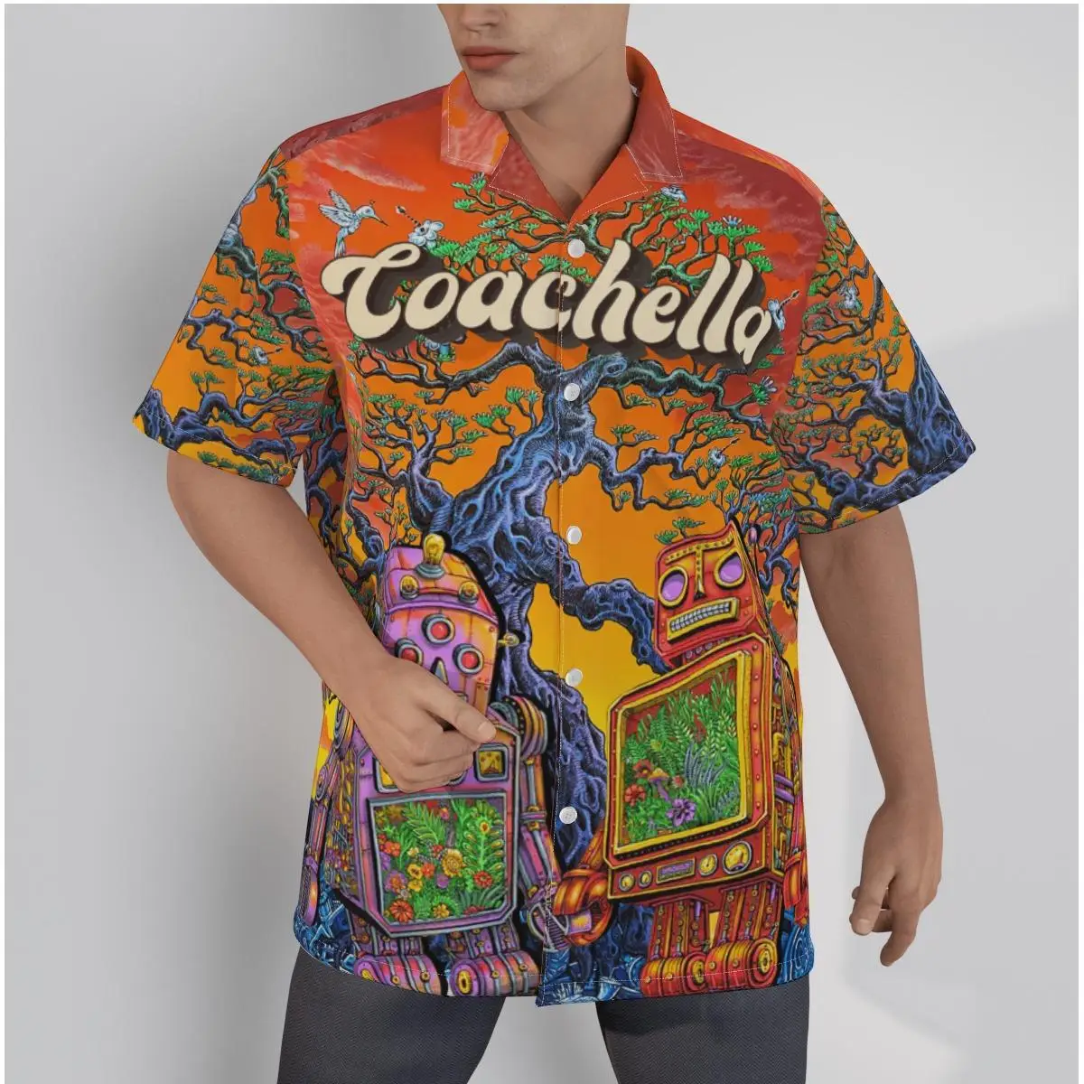

Men's Hawaiian Shirt Cartoon Print Robots Beach Short Sleeve Summer Casual Button Up Patchwork Tops 3D Shirt