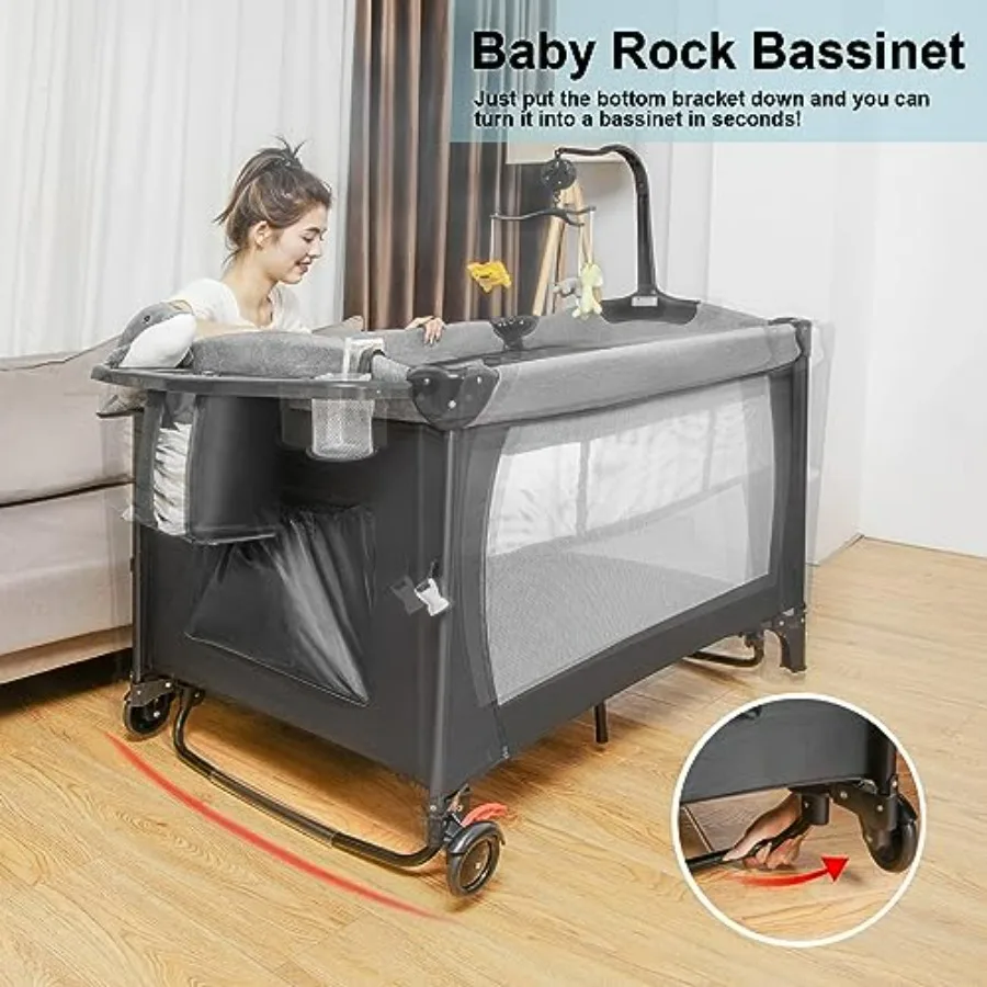 5in1 Pack and Play Baby Bassinet Bedside Sleeper with UShaped Diaper Changer Portable Toddler Playard for Newborn Toddlers Baby