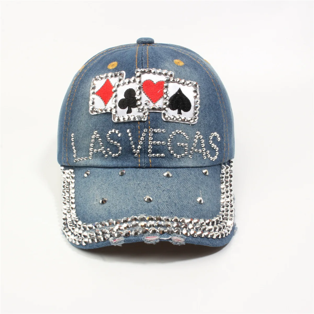 Gorra de béisbol de mezclilla con logotipo personalizado para mujer, sombreros de diamantes de imitación, gorra de béisbol femenina de lujo, gorra de diamantes ostentosos, Sombreros con broche trasero para niña de LAS VEGAS