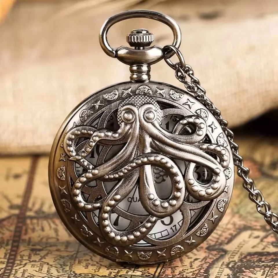 Vintage Punk Black Octopus Creative Flap Quartz Pocket Watch  Pendant Necklace Men's Children's Gift image 4