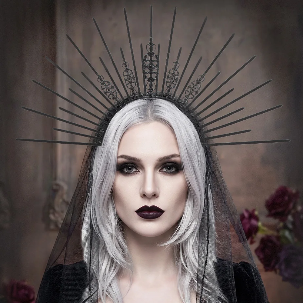 Vintage Sunburst Headpiece With Veil Cosplay Gothic Dark Bride Queen Crown Headwear Halloween Carnival Party Costume Props Gifts