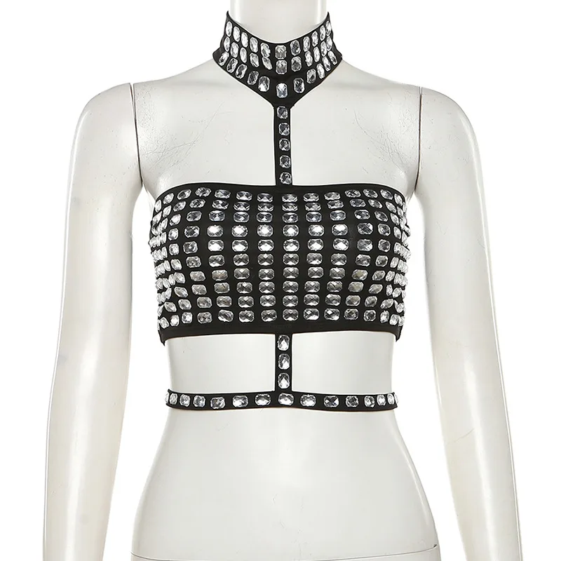 Nibber kobiety seksowny Off-Shoulder błyszczący krótki Top Casual bez ramiączek Halter Streetwear Fashion Club Party Lady Tank Top lato 2023 — zdjęcie 7