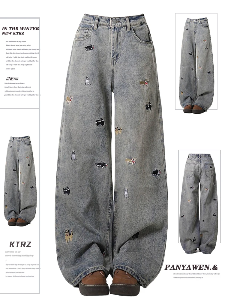 

plus Size High Waist Embroidered Dog Jeans Women's Spring Loose Wide Leg Pants for Pear Shaped Body American Style Casual Wear
