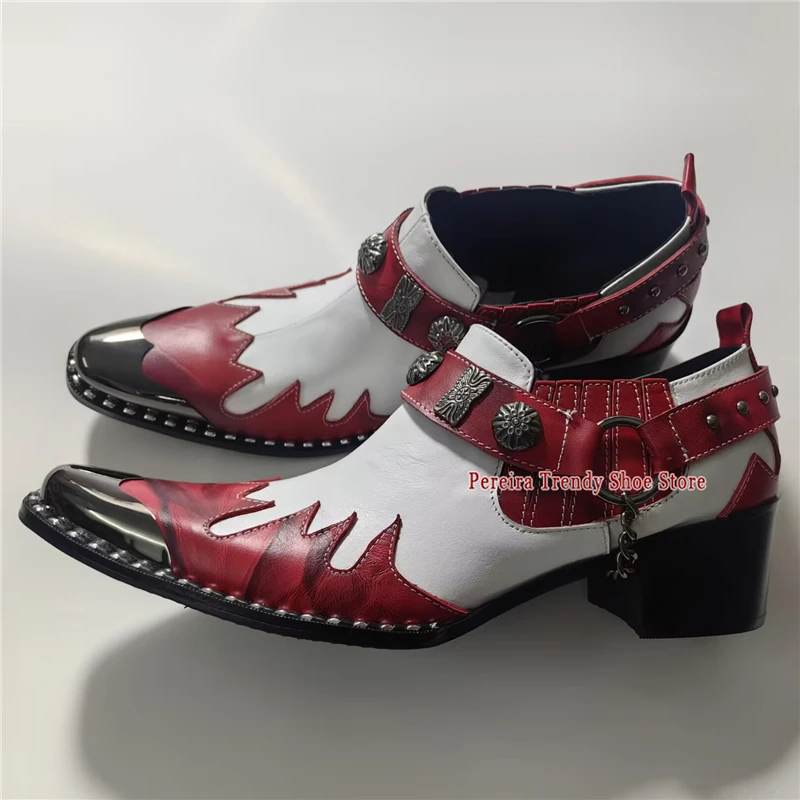 Metal Square Toe Rivet Strap Men Shoes British Style Mixed Color Genuine Leather Casual Business Shoes Party Banquet Dress Shoes
