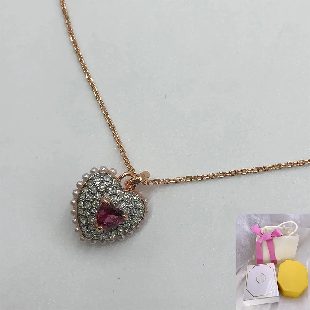 

New Fashion Idyllia Imitation Crystal Pearl Pink Heart Necklace Rose Gold Exquisite Design Romantic Jewelry Gift