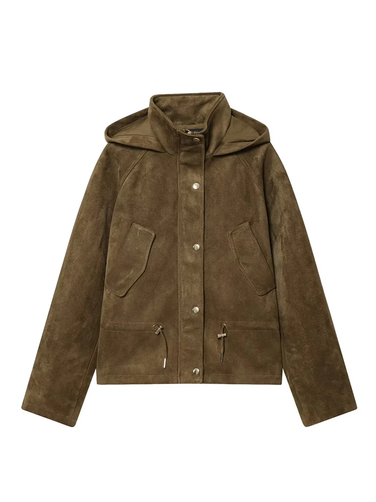 

European style new women's fashion versatile temperament stand collar suede effect hooded waist coat