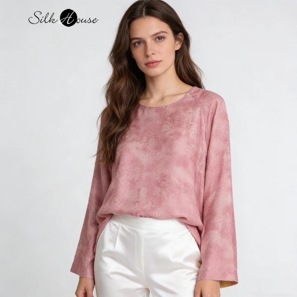 

Double Sided Loose 100% Natural Mulberry Silk Jacquard Satin HuaLuo Round Neck Long Sleeved Women's Fashionable T-shirt