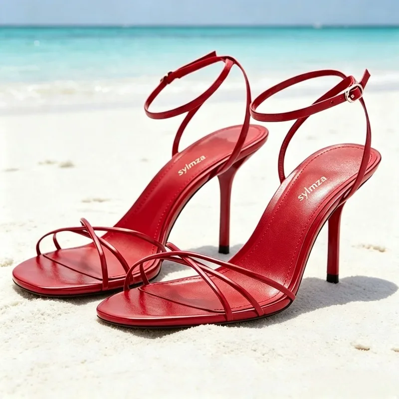 Fashion Red Cross-tied Heeled Sandals Women Sexy Open-Toe Ankle-Strap Buckle Slingback Heels Elegant Party Stiletto Dress Shoes