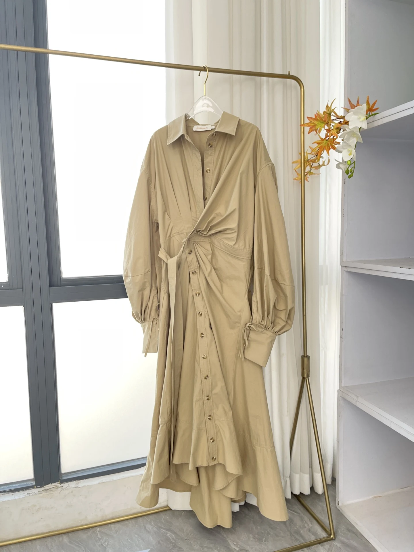 2025 feminino cáqui manga longa blusa lateral cintura gravata vestido midi de algodão