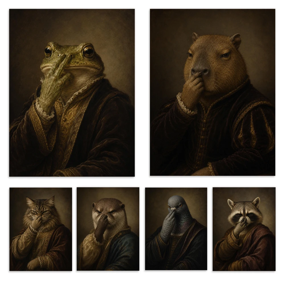 Anthropomorphic Renaissance-era portraits of geese, pugs, pigeons, cats, seals, rabbits, and raccoons; humorous bathroom posters