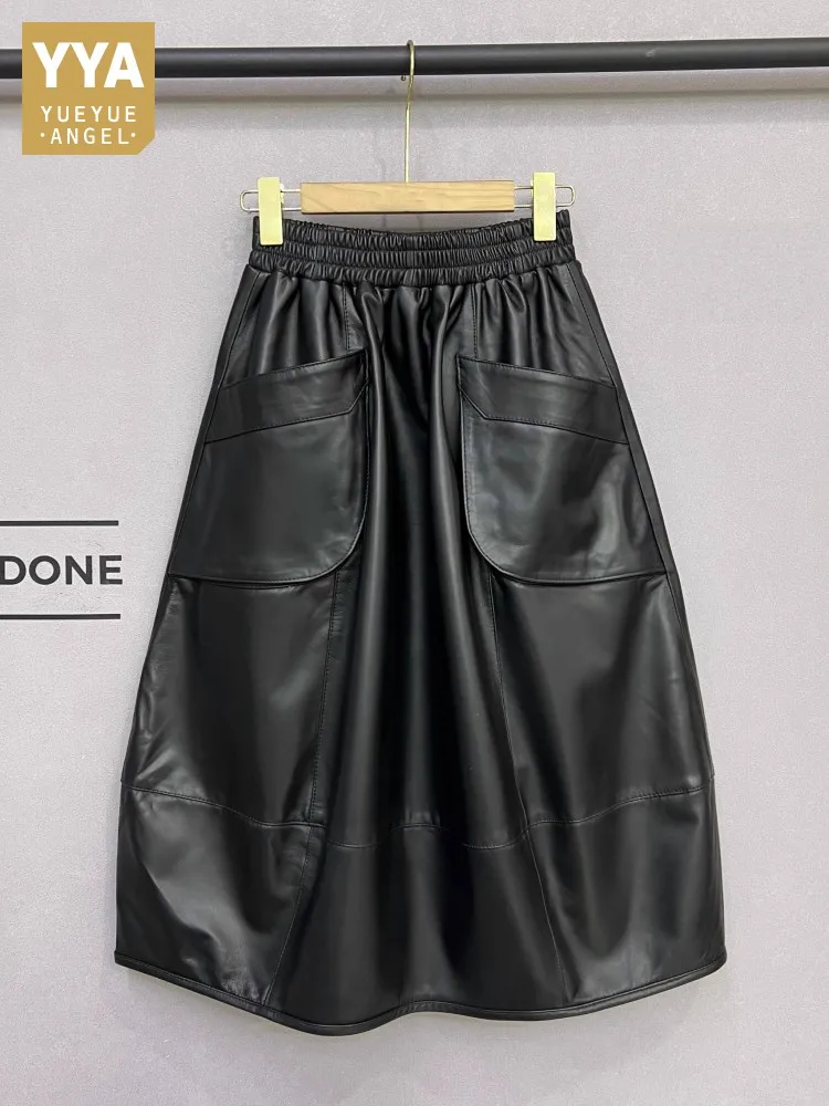 

Осенние женские юбки из натуральной кожи с карманами и эластичной резинкой на талии, свободная посадка, модная повседневная юбка-бутон, женские юбки средней длины трапециевидной формы